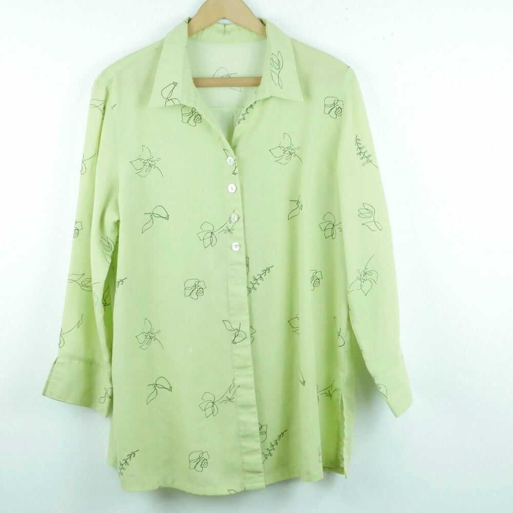 Fridaze Large 100% Linen Button Up Top‎ FLAW Green Floral Spring Relaxed Beachy